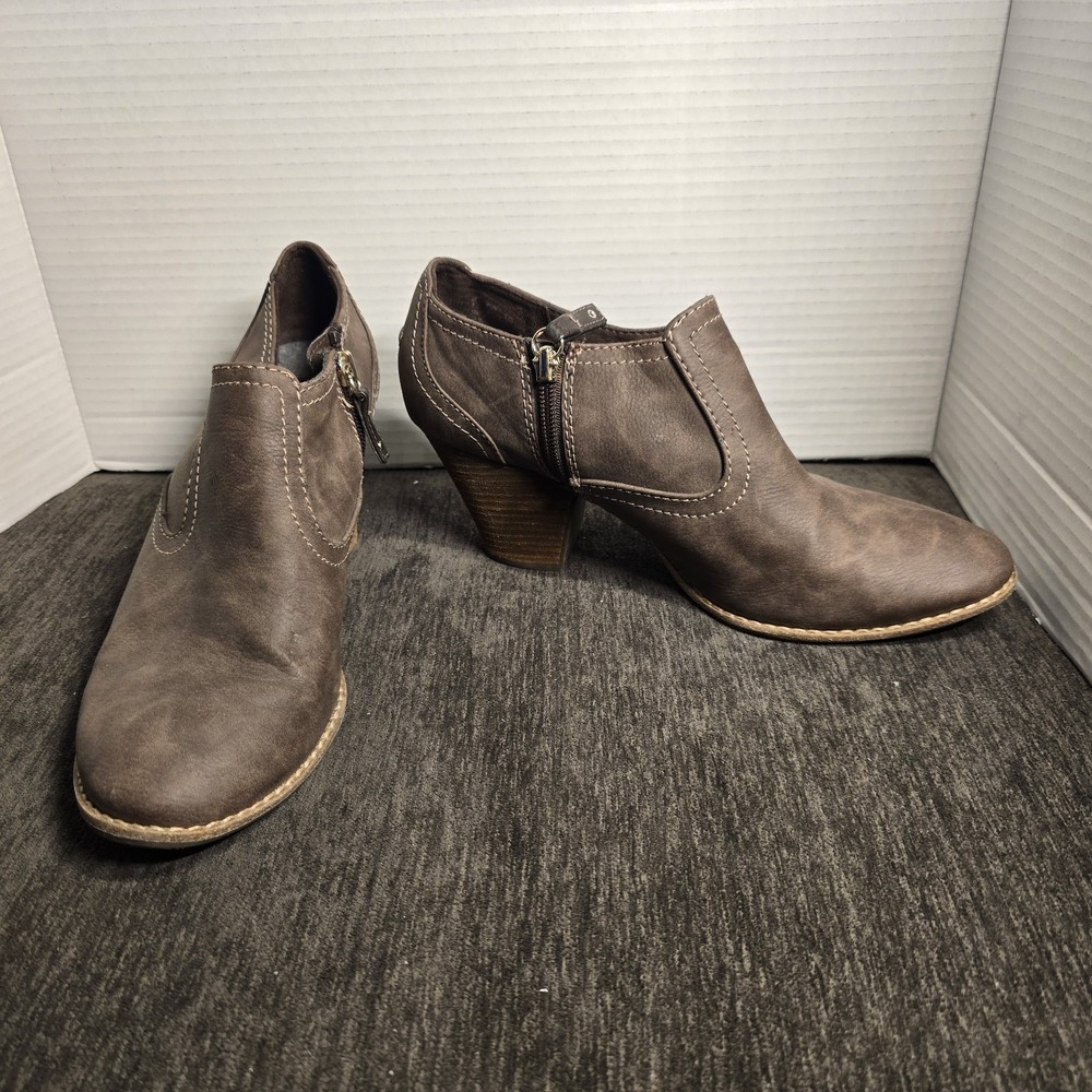 Dr. Scholls Womens Brown Faux Leather Ankle‎ Boots Stacked Block Heel Size 8.5